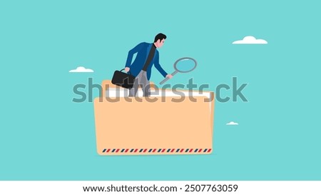 Document, search or file archive, office contract concept, research papers or documentation files, company documents archive, businessman looking for files in a document file using a magnifying glass