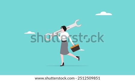 problem solving skill, women's leadership or gender equality in the world of work, businesswoman carrying big keys and toolbox