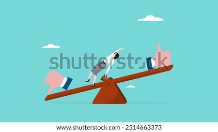 client dissatisfaction, poor performance or carelessness works, evaluation concept, businesswoman falling off a seesaw because his thumb down is heavier than his thumb up