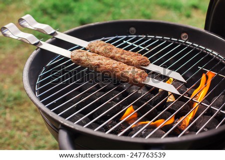 Grilled kebap on grill outdoors in the summer. Open fire