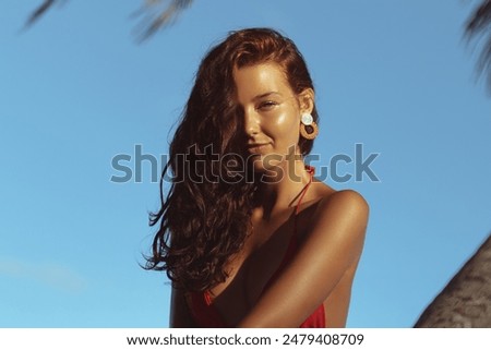 Similar – Image, Stock Photo Sunset sky over wavy sea with floating boats