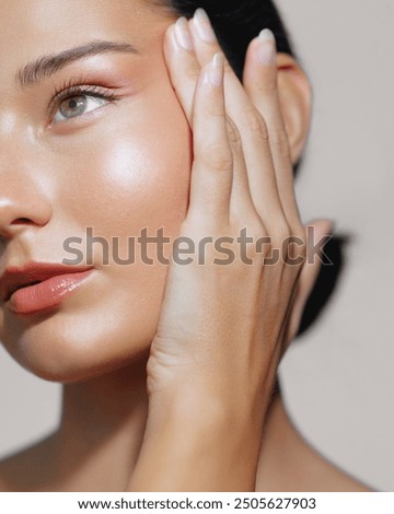 Similar – Image, Stock Photo Close up image of a young woman smile with big teeth and cute dimples. Therapy and looking for help,psychology and psychiatry concepts,copy space