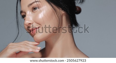 Similar – Image, Stock Photo Portrait of an attractive brunette with sunglasses posing sensually with the bright blue adriatic sea behind her. Small sailboat on the sea near Dubrovnik, concepts of travel with copyspace room