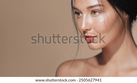 Similar – Image, Stock Photo Close-up portrait of pretty girl with dyed violet hair listening to music, smiling, dancing in headphones in studio against pink background. Music, dance, radio concept