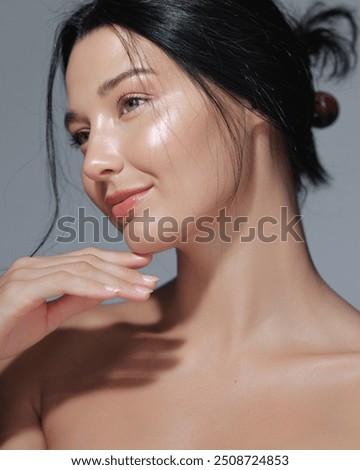 Similar – Image, Stock Photo young woman close up portrait with sunglasses smiling. led ring reflection in the eyes. Real woman concept