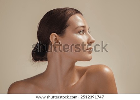 Image, Stock Photo Portrait of a beautiful dark-haired young sexy woman lying happily contentedly in bed of moss in the forest with in an old willow tree with naked shoulders and deep peace in the smile