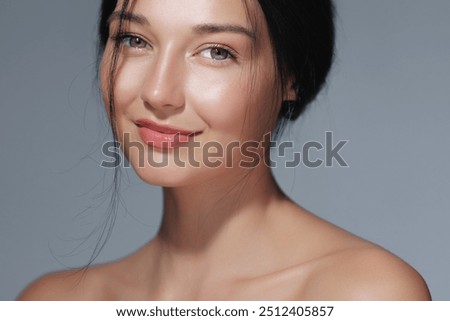 Similar – Image, Stock Photo Young beautiful woman with short curly hair meditating in light fitness studio. Hands in namaste. Pray, gratitude, yoga, love God concept.