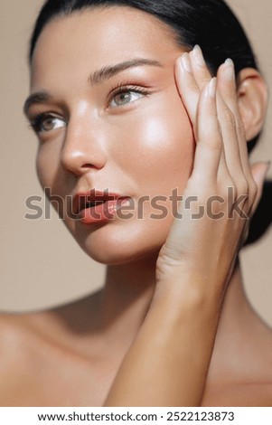 Image, Stock Photo Close up portrait of millennial pretty girl with short hairstyle with neon light. Dyed blue and pink hair. Mysterious hipster teenager in glasses.