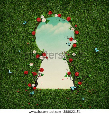 Beautiful green background with roses in keyhole. 