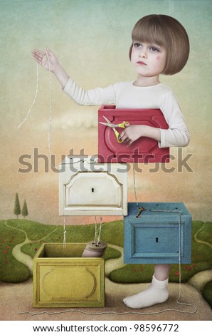 Cutting girl. Illustration, card or a poster. Wooden boxes with the little girl with the scissors. Computer Graphics.