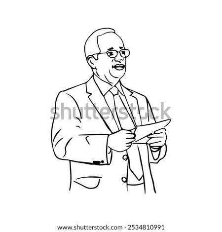 old businessman holding paper tablet computer in hand vector eps illustration