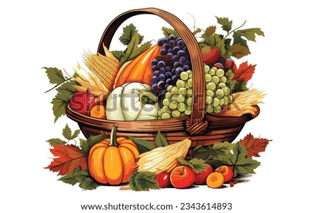 Illustration of a cornucopia filled with vegetables and decorated with flowers
