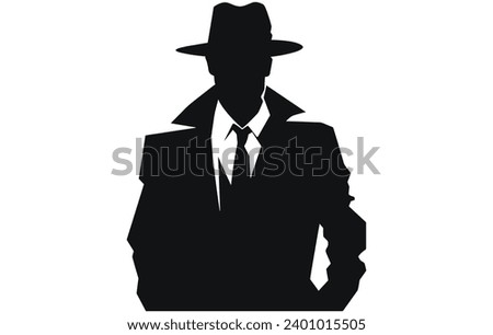 detective logo, silhouette of man wear hat and coat