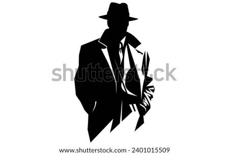 detective logo, silhouette of man wear hat and coat