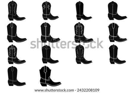 Cowboy boots with ornament. Cowboy western and Wild West theme.Cowboy boot Illustration. Cowboy boot heels vector silhouette illustration set.
