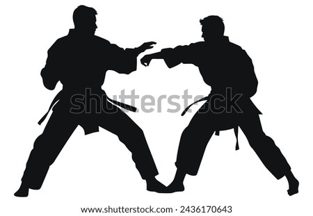 Two men practicing karate silhouette, Two karate men fighters in a match,  
