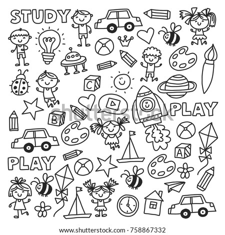 Kindergarten Nursery Preschool School education with children Doodle pattern Kids play and study Boys and girls kids drawing icons Space, adventure, exploration, imagination concepts