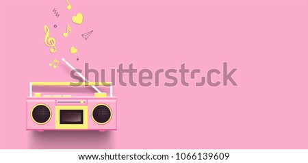 Boombox and music notes on pink background. Top view. Vector illustration