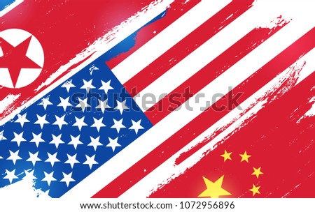 Flags of USA, China and North Korea isolated on white background. Vector illustration
