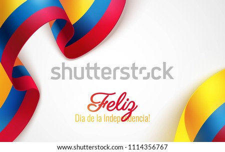 20 july. Colombia Happy Independence Day (written in Spanish) greeting card. Waving colombian flags isolated on white background. Patriotic Symbolic background  Vector illustration