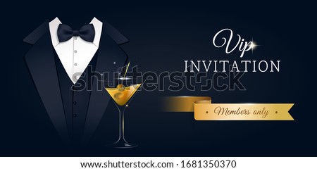 VIP premium horizontal invitation card.  Black banner with businessman suit, tie and martini glass. Black and golden design template. Vector illustration