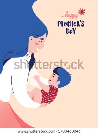 Happy Mother`s Day Greeting Card. Vector Illustration Of Mother Holding Baby Son In Arms. 