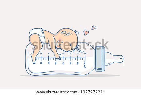 Cute baby boy lying on huge bottle of milk. Cartoon vector illustration