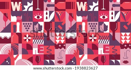 Abstract Seamless Pattern with Geometric Shapes and Wine Tasting Concept Elements. Vector illustration