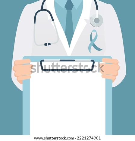 Close-up of a male doctor in lab coat in his office holding a clipboard. Nonember is Prostate Cancer Awareness Month.  Prostate Cancer Ribbon Background. Vector illustration