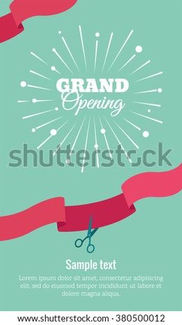 Grand opening vertical banner. Text with  firework and ribbons. Flat style. Vector Illustration. Eps 8