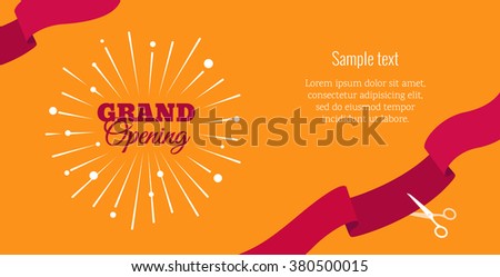 Grand opening horizontal banner. Text with  firework and ribbons. Flat style. Vector Illustration. Eps 8