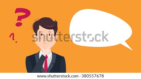 Thinking man with question mark. Cartoon vector illustration of businessman wondering and doubting. Eps 8