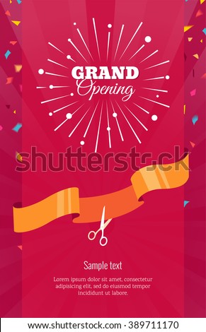Grand opening vertical banner. Text with  firework, confetti and ribbon. Flat style. Vector Illustration