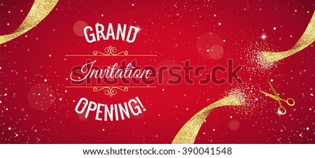 Grand opening horizontal banner. Text with  confetti, golden splashes  and ribbons.Gold sparkles.  Elegant style. Vector Illustration