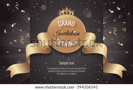 Grand opening horizontal banner. Text with confetti and curving ribbon. Gold sparkles.  Elegant style. Vector Illustration