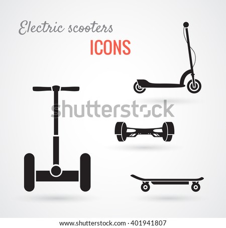 Set of self-balancing electric scooters icons isolated on white. Vector illustration, flat style