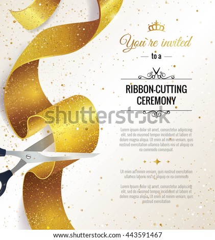 Grand opening vertical banner. Text with  confetti, golden splashes  and ribbons.Gold sparkles.  Elegant style. Vector Illustration