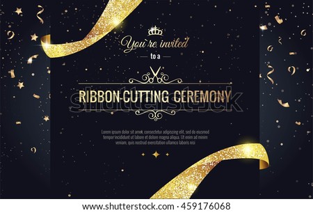 Grand opening sparkling banner. Text composition with  golden splashes  and ribbons.Gold sparkles.  Elegant style. Vector Illustration