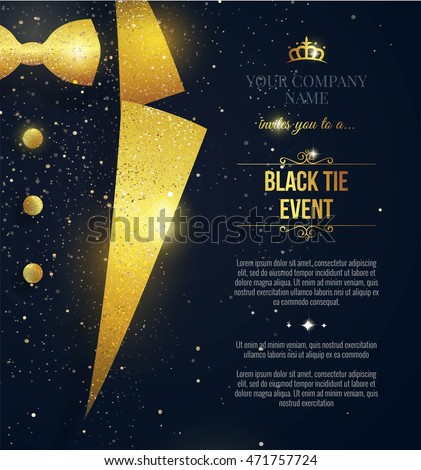 Black Tie Event Invitation. Elegant black card with golden sparkles. Vector illustration