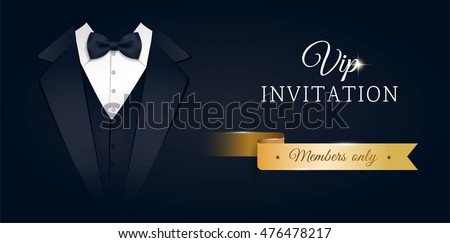 VIP premium horizontal invitation card.  Black banner with businessman suit and tie. Black and golden design template. Vector illustration