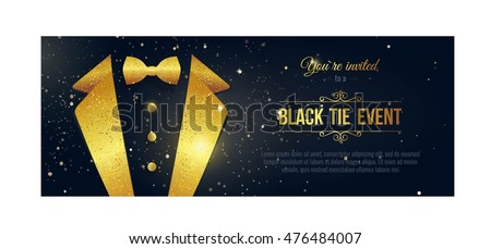 Horizontal Black Tie Event Invitation.  Elegant black  card with golden sparkles.  Black banner with businessman suit. Vector illustration