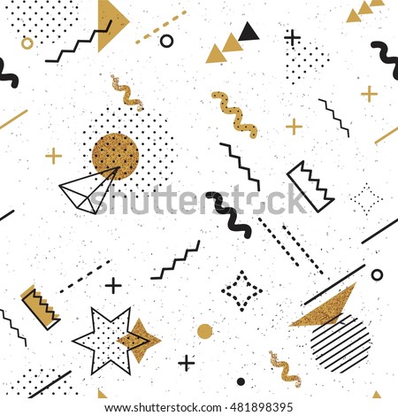Trendy geometric elements memphis card. Seamless memphis pattern for tissue and postcards. Hipster poster, black and golden color background. Vector illustration