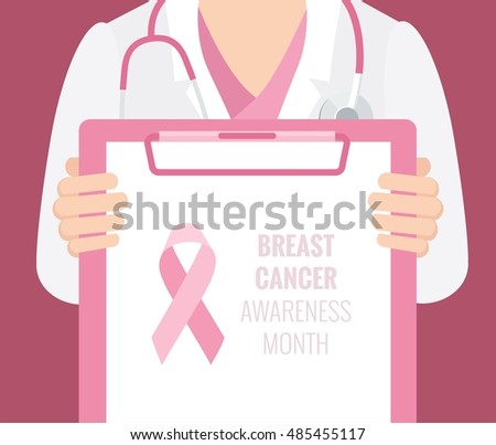 Close-up of a female doctor with lab coat in his office holding a clipboard. Breast Cancer Awareness  Background.Vector illustration