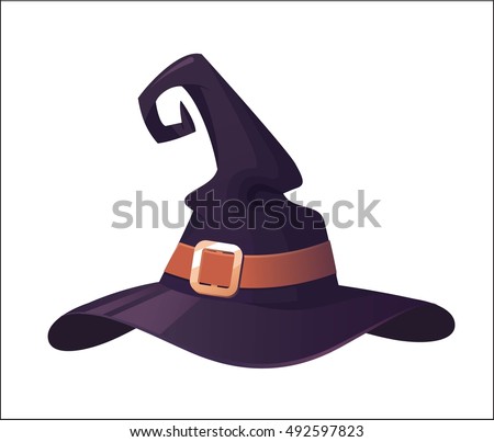 Vector illustration of a cartoon Halloween witch hat. Witch hat with buckle  isolated on white background. Design element for Halloween.