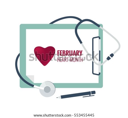 Medical stethoscope with white paper in clipboard. Medical concept. February National Heart Month. Vector flat illustration