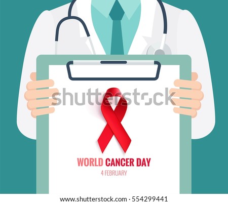 Close-up of a male doctor with lab coat in his office holding a clipboard.4 February world cancer day horizontal poster. Vector flat illustration