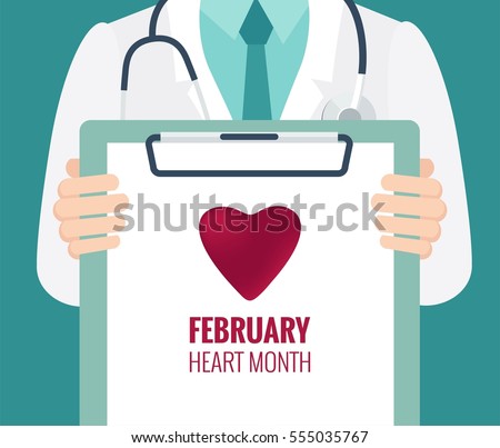 Close-up of a male doctor with lab coat in his office holding a clipboard.  February National Heart Month. Vector flat illustration