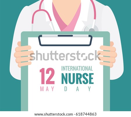 12 May. International Nurse Day background. Close-up of a female doctor with lab coat in her office holding a clipboard. Vector flat illustration  