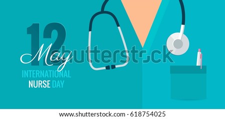 12 May. International Nurse Day background. Close-up of nurse`s uniform and stethoscope. Vector flat illustration  