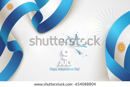 9 July, Argentina Independence Day background in national flag color theme. Celebration banner  with waving flags and firework. Vector illustration